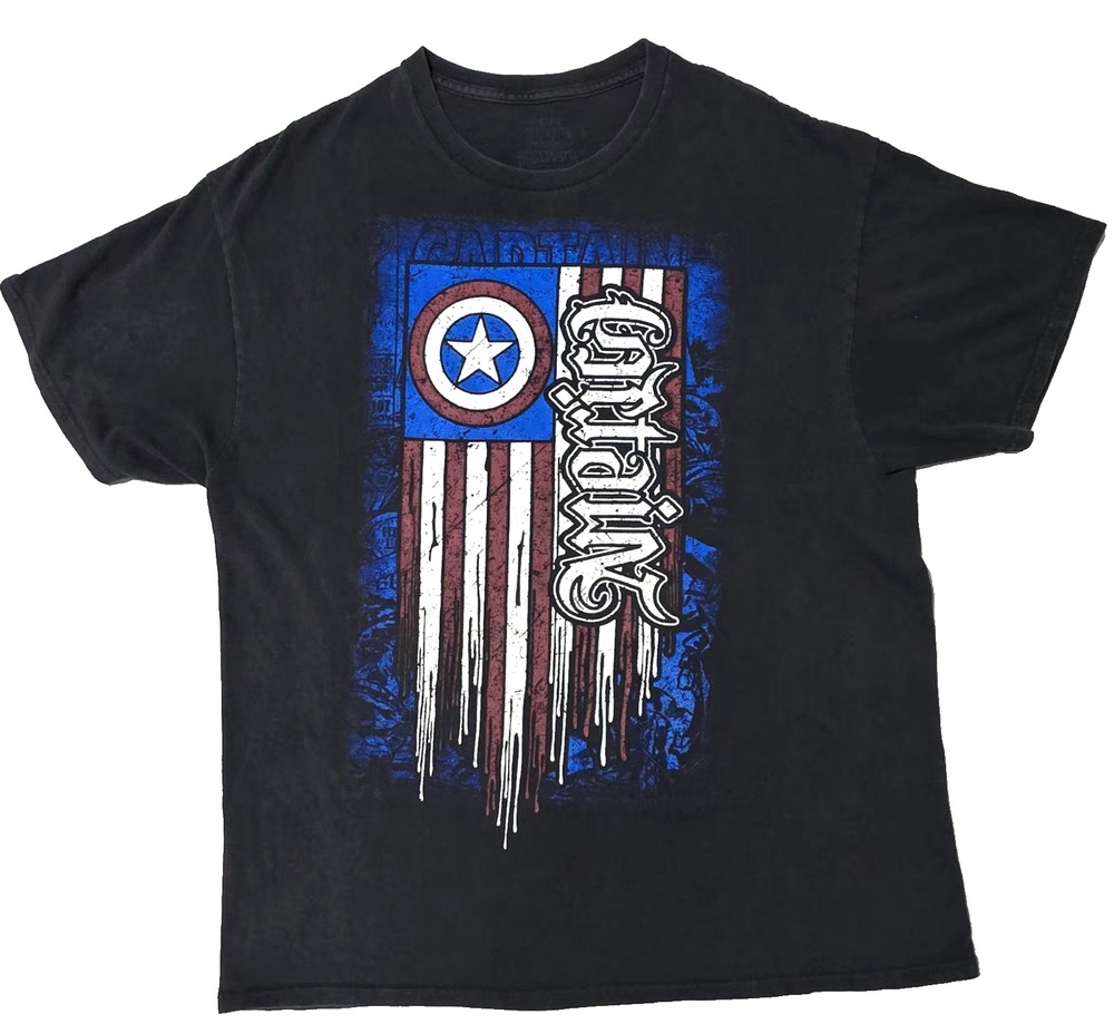 Captain America Marvel Comics T-Shirt Distressed Flag Graphic Black XL